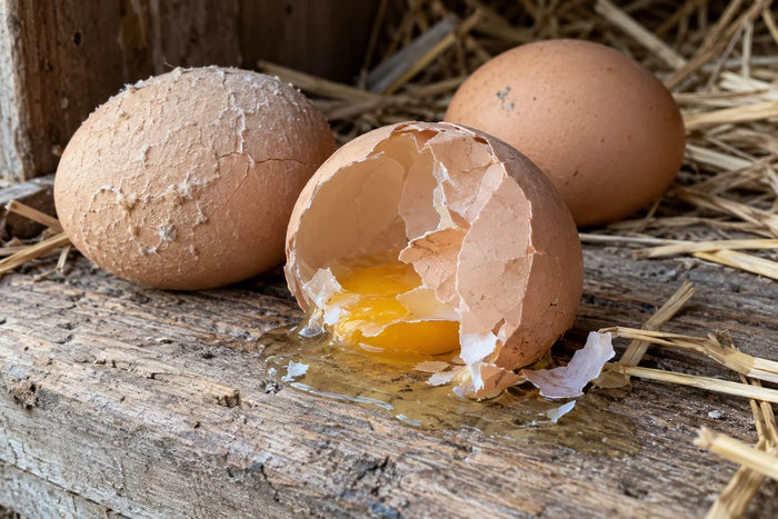 AI-generated examples of damaged eggshells; not evidence of worms or product results.