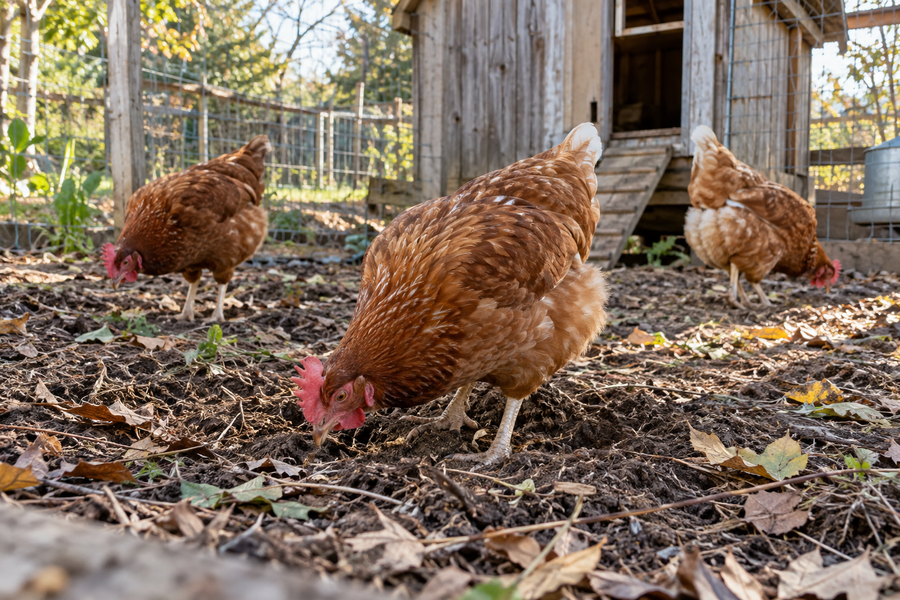 Illustrative backyard scene of hens pecking and selecting food.