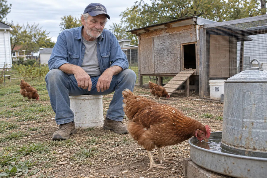 Illustrative scene of a hen drinking at a backyard waterer, not a photograph from the reviewer.