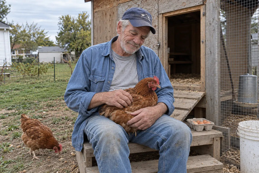 Illustrative farm scene of a keeper with a hen, not a photograph of the reviewer.