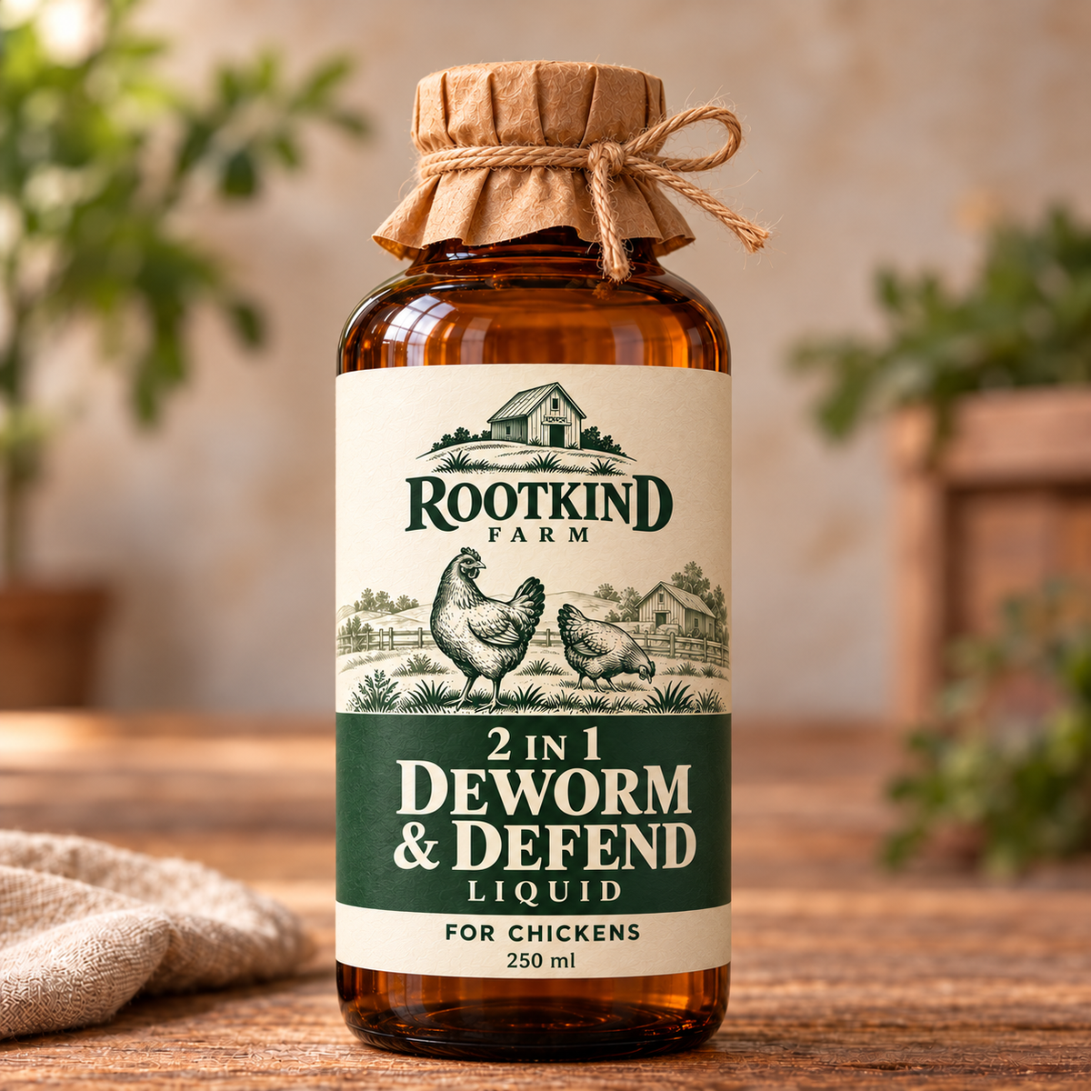 RootKind Farm 2 in 1 Deworm and Defend Liquid in the original amber bottle with ivory and green label, 250 mL shown.