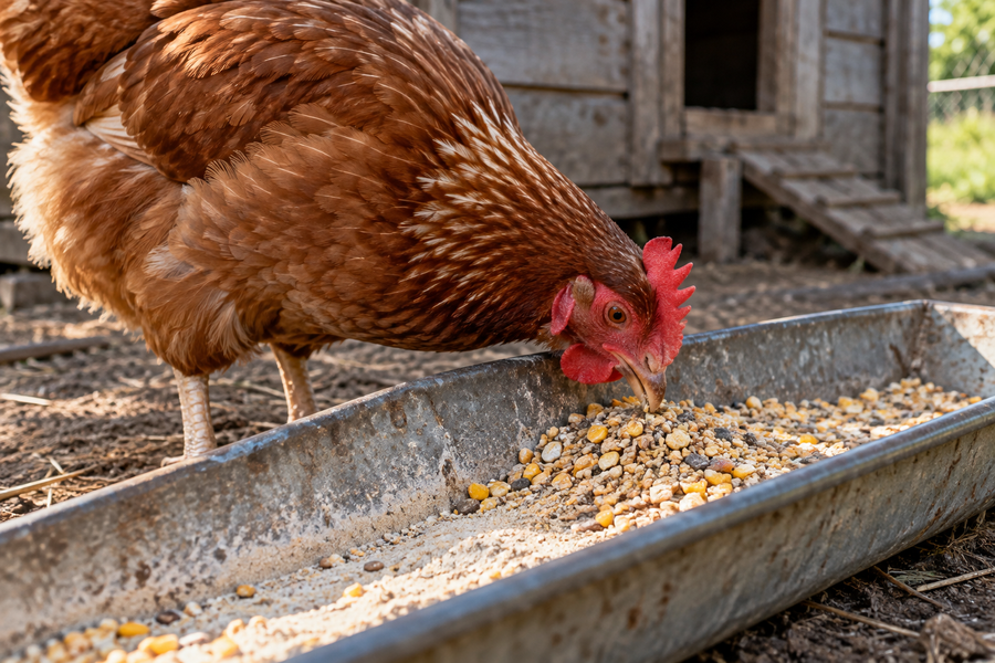 Illustrative scene of a hen selecting grain while fine powder remains in a feeder.
