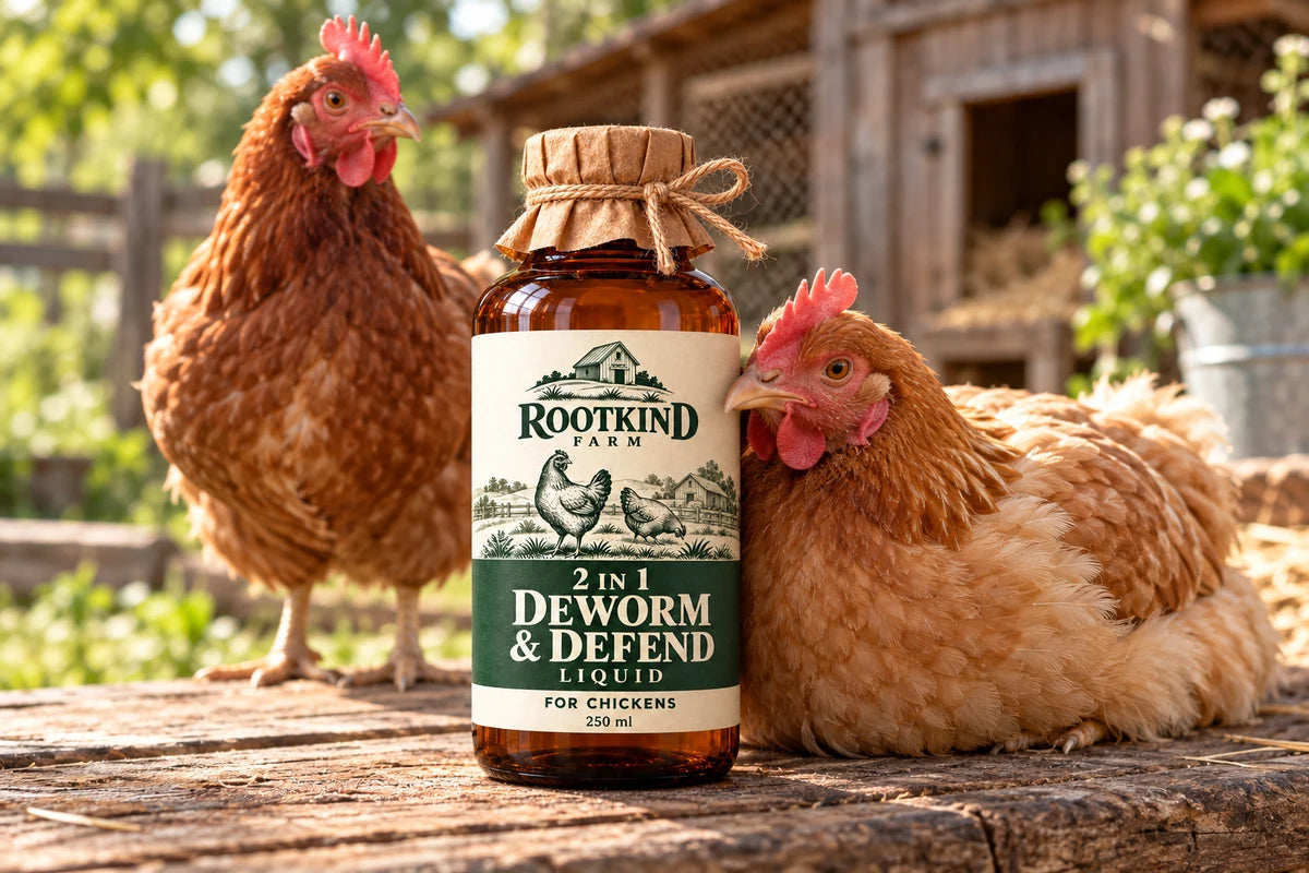 AI-generated scene using the supplied RootKind packaging, with two hens beside a 250 mL bottle.
