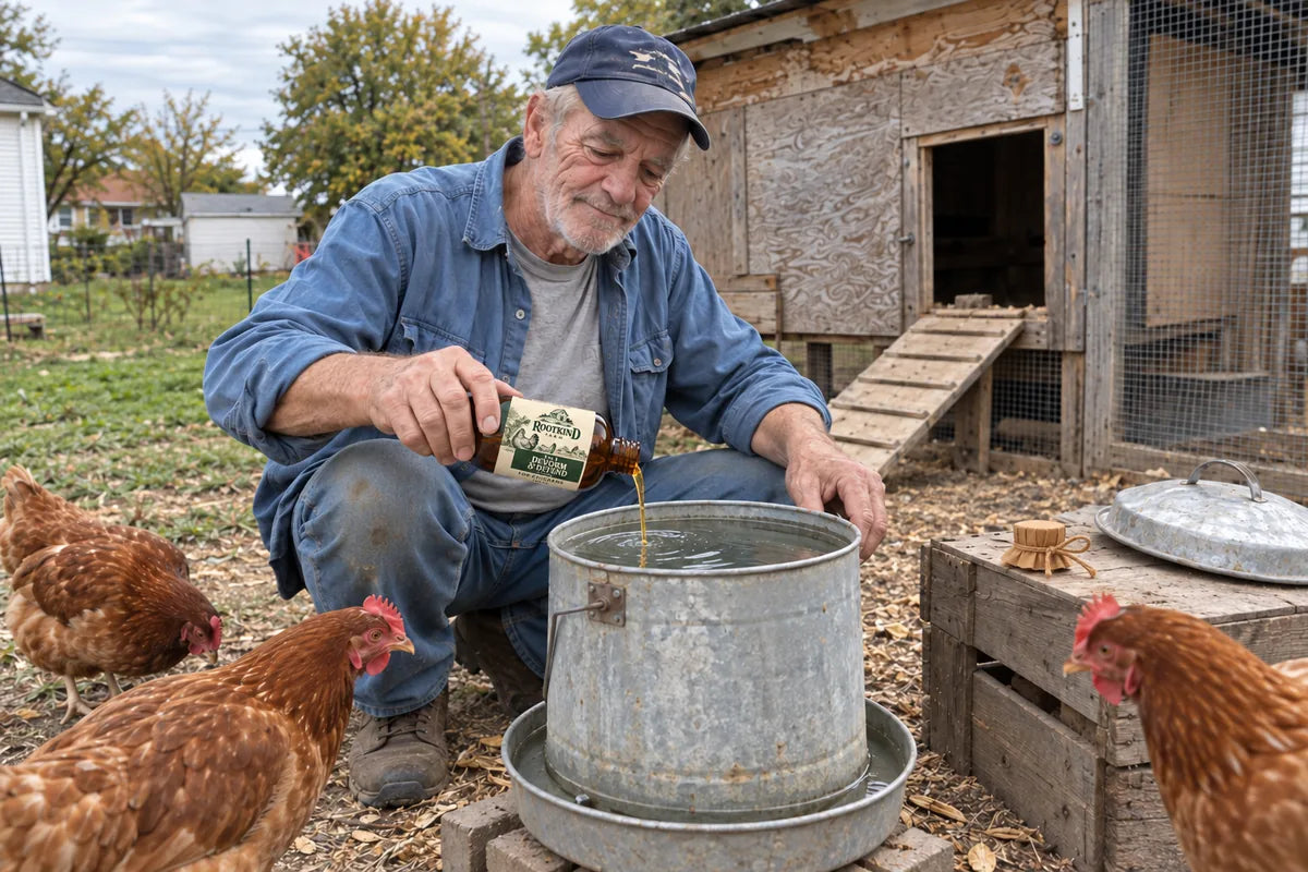 AI-generated reconstruction of Walter measuring and pouring RootKind liquid into a poultry waterer.