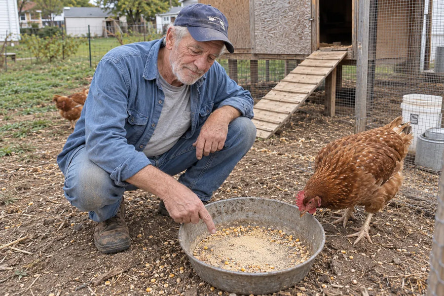 Illustrative farm scene of a keeper inspecting a feed bowl, not a photograph of the reviewer.
